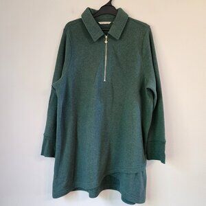 Soft Surroundings Women Tunic Top, 1X,Collared,Cross Hem,Green,Cotton Blend